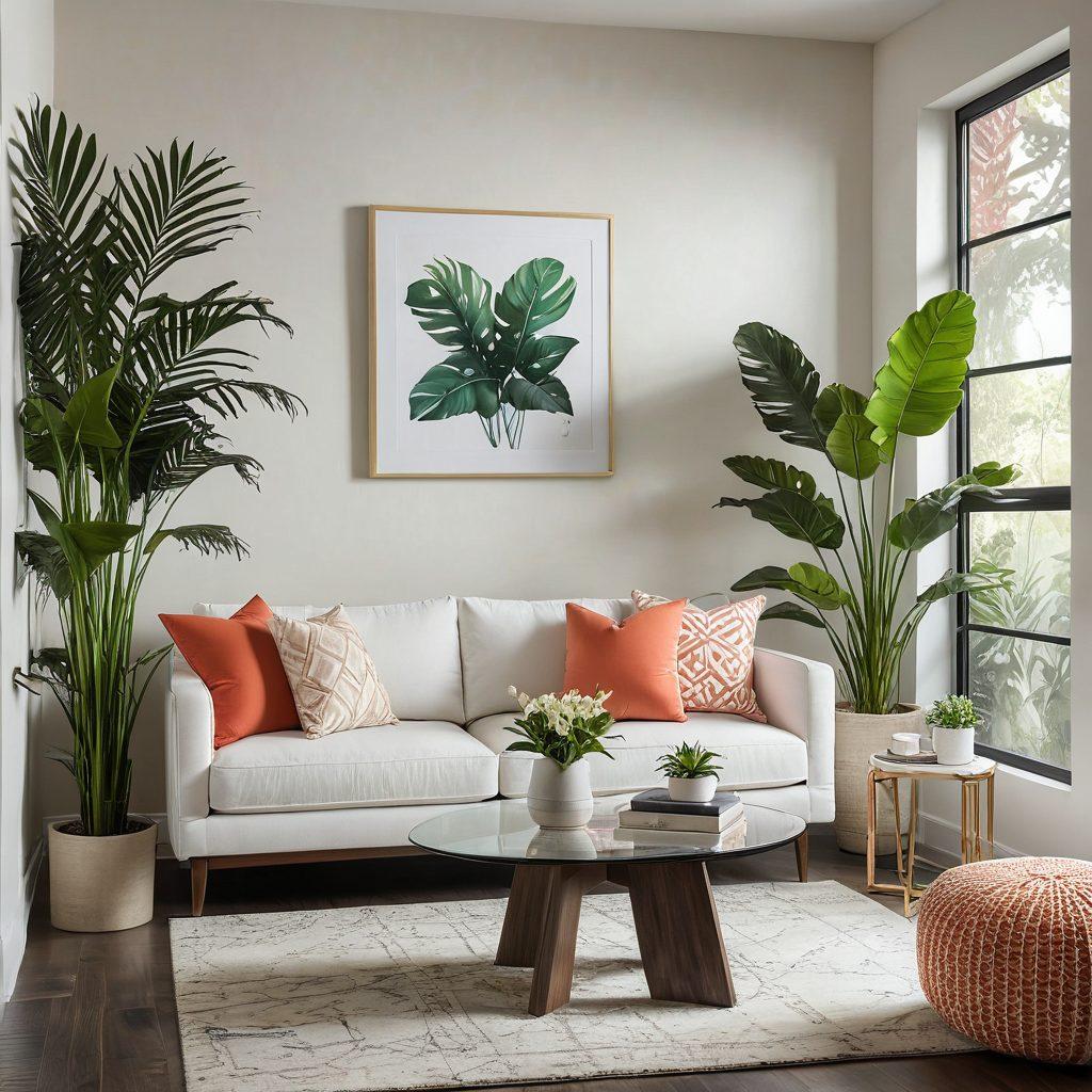 A beautifully renovated living room showcasing modern decor, featuring sleek furniture, stylish wall art, and lush indoor plants, all bathed in natural light. Include elements such as a cozy reading nook and a vibrant splash of color through decorative pillows. Capture the essence of a chic sanctuary with a contemporary and inviting atmosphere. super-realistic. warm color palette. soft light.