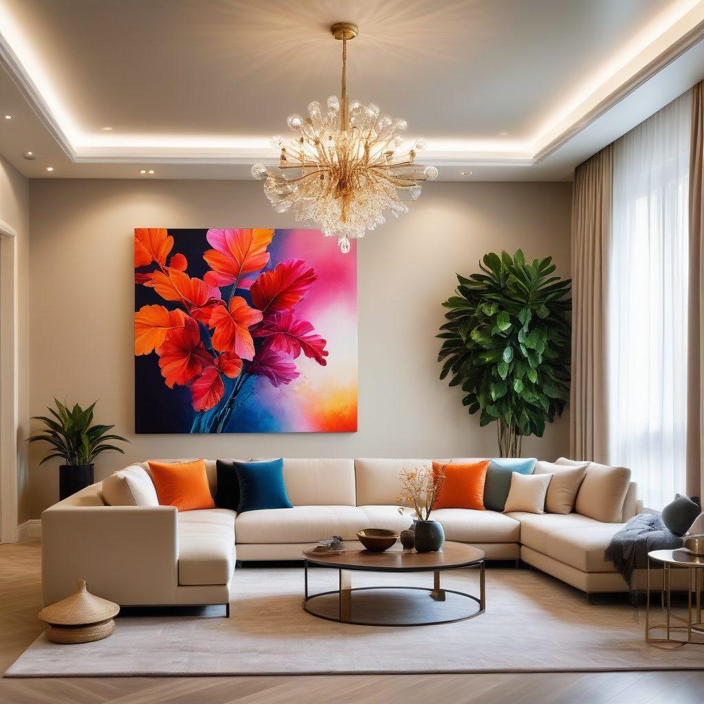 A modern living room showcasing chic and sensual design elements, featuring elegant furniture, soft textures, and ambient lighting. Include lush indoor plants and decorative art pieces that embody contemporary aesthetics. The color palette should be warm and inviting, with neutral tones accented by bold pops of color. Artistic details like a striking wall mural or a stylish chandelier can add flair. super-realistic. vibrant colors. soft focus.