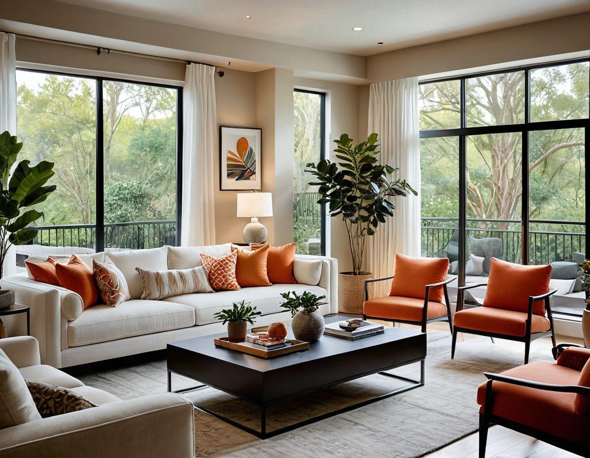 A beautifully designed contemporary living room featuring plush furniture, warm tones, and elegant decor. Showcase large windows with natural light pouring in, complemented by soft textiles and stylish accessories like artwork and indoor plants. Emphasize a cozy yet luxurious atmosphere that invites relaxation. Elements of modern design should intertwine with cozy accents for an inviting space. super-realistic. vibrant colors. warm lighting.